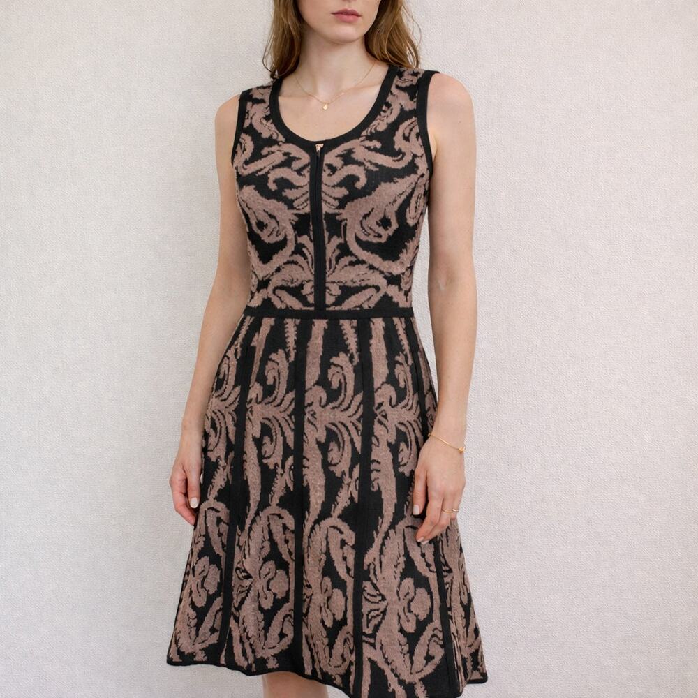 Carmen Marc Valvo Jacquard Fit & Flare Dress Size L Mocha Black Knit
